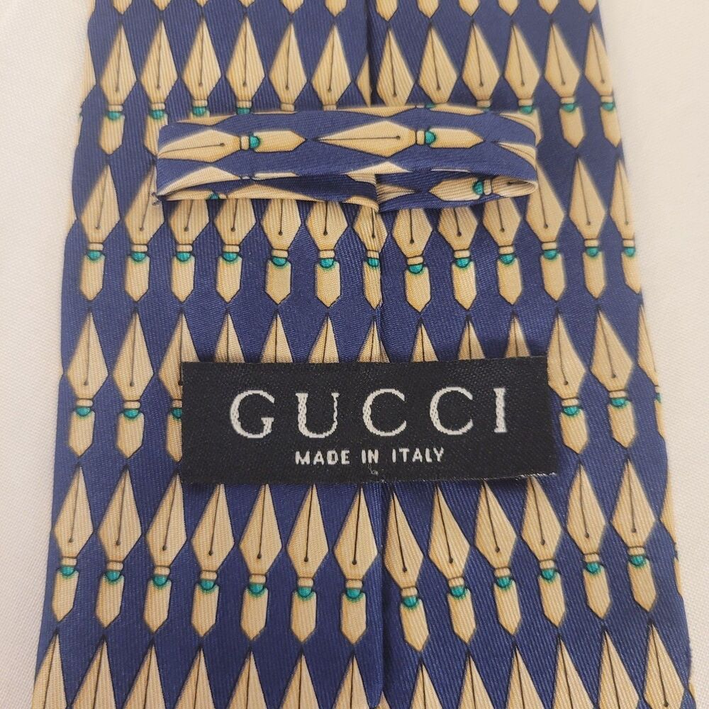 Gucci Tie Blue Gold Geometric Pattern 100% Silk Made In Italy Classic Luxury - Picture 2 of 6